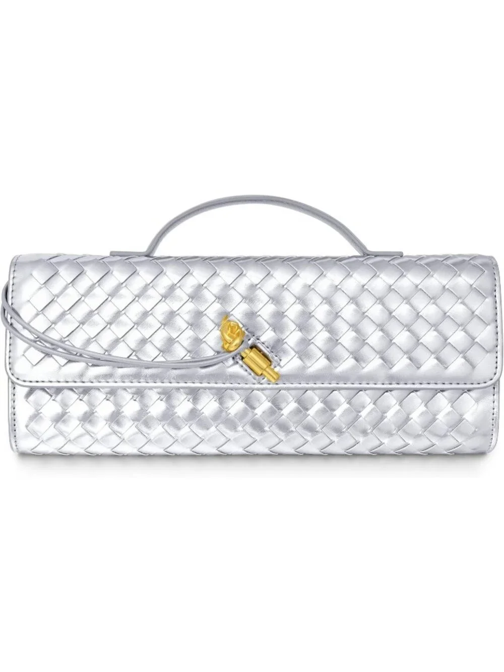 Women Silver Woven Vegan Leather Clutch Purse Formal Evening Crossbody Bag